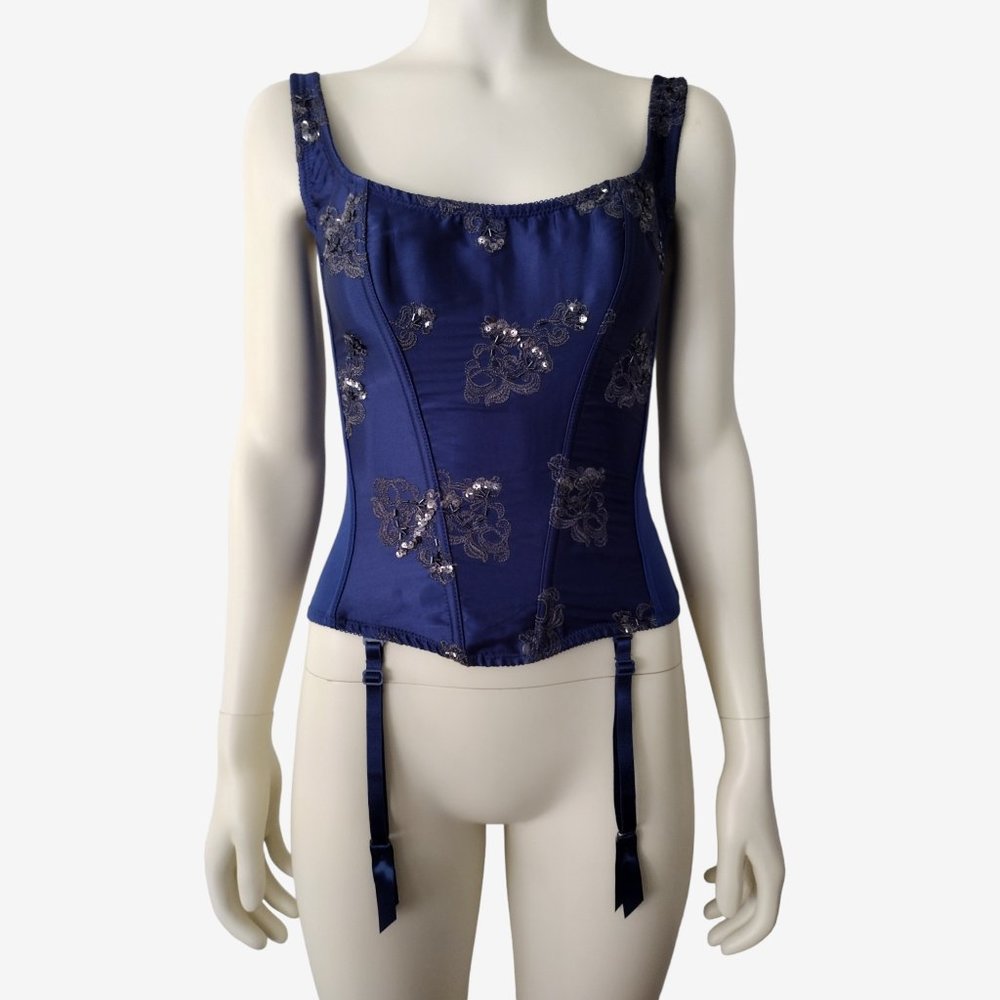 Vintage 90s Fredericks of Hollywood Blue Satin Embroidered Lace Up Corset 34
